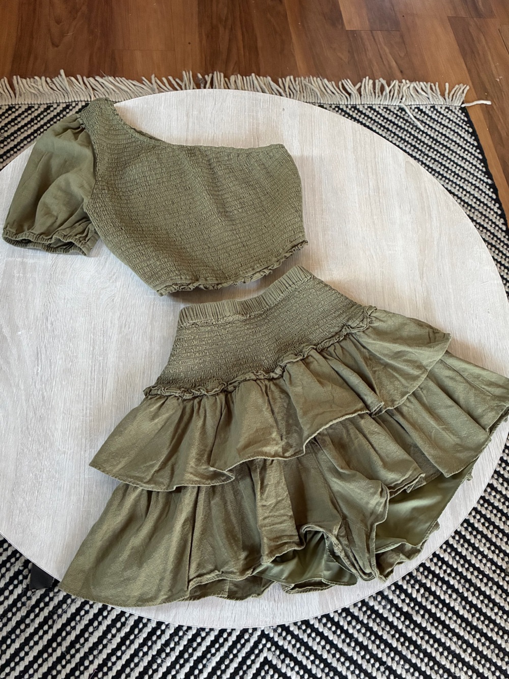 Zexxxy Olive Green Smocked One Shoulder Top and Ruffle Skort Set Earth Tone